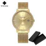 2022 Fashion Wwoor Top Brand Men Simple Slim Watches Luxury Gold Steel Mesh Ultra Thin Waterproof Date Wrist Watch Golden Clock - Image 6