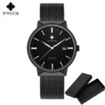 2022 Fashion Wwoor Top Brand Men Simple Slim Watches Luxury Gold Steel Mesh Ultra Thin Waterproof Date Wrist Watch Golden Clock - Image 8