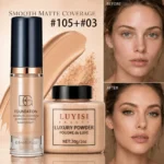 Facial Makeup Set:1pc Matte Loose Powder+1pc Waterproof Fundation,High-Coverage,Long-Lasting,Oil Control,Creat Natural Looks. - Image 7